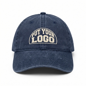 Premium Custom Embroidery Logo Washed Denim <b>Navy</b> Blue 6 Panel Curved Brim Dad <b>Hat</b> Baseball Cap Vintage Streetwear OEM - Product Image 1