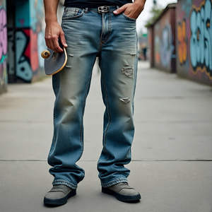 กางเกงขาบานเอวแบบซ้อนกันมีกระดุมสำหรับผู้ชายกางเกงผ้าเดนิมทรงวินเทจสำหรับผู้ชายแนวสตรีทแวร์กางเกงยีนส์ขาบานสำหรับผู้ชาย - Product Image 1