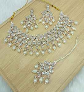 Luxury Indian Kundan Choker Necklace Set with Earrings and Maang Tikka Gold Plated <b>Pearl</b> <b>Jewelry</b> Set - Product Image 4