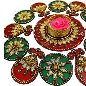 Petit Rangoli Acrylique avec T Light Holder Décorations en Pierre Bijou Artisanat Multicolore (Rouge) - Product Image 3