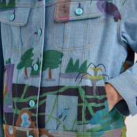 Blouson en jean réversible pour femme X Ruohan Wang, respirant, tissé, avec logo, automne-printemps, épais, vintage, 100 % coton, pour l'extérieur