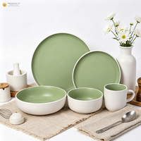 Service de table en grès de luxe écologique, vert mat intérieur, blanc sésame extérieur, finition givrée, 16 pièces, personnalisable OEM, vente en gros