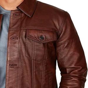 Chaqueta de moto auténtica de piel de oveja marrón para hombre, cuello vuelto, cierre de invierno de un solo pecho, procesamiento en relieve, suministro ODM - Product Image 6