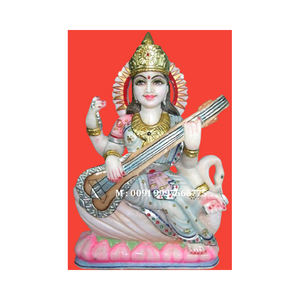 Statue de la déesse Saraswati en marbre blanc naturel, position assise sur une fleur de lotus, très attrayante, utilisée pour la décoration intérieure - Product Image 1
