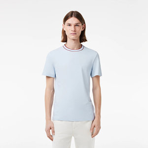 Camiseta de Manga Corta Azul Claro para Hombre, Cuello Redondo, Ribete en Contraste, Corte Ajustado, Informal, de Algodón Jersey, Color Sólido, Transpirable, de Secado Rápido - Product Image 1