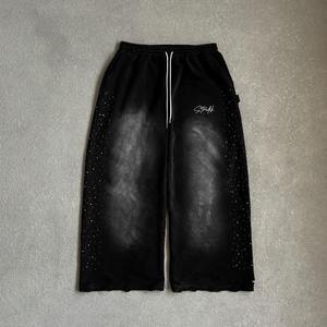 Custom 100% Cotton Heavyweight Vintage Acid Wash Pants Distressed Raw Hem Oversized Stacked Baggy Rhinestone Sweatpants - Product Image 1