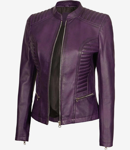 แจ็กเก็ตหนังสำหรับผู้หญิงแบบคลาสสิกสีม่วงมีซิปด้านหน้าสำหรับนักขี่จักรยาน - Product Image 5