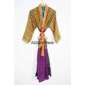 Recycled Silk Soft V-neck <b>Robe</b> Comfortable Boho Patchwork Style Long Beach Cover Kimono Elegant Printed Sari Summer Nights - Product Image 1