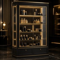 Vitrine de présentation de luxe noire et or avec éclairage LED et étagères en verre pour cosmétiques, idéale pour les boutiques de détail
