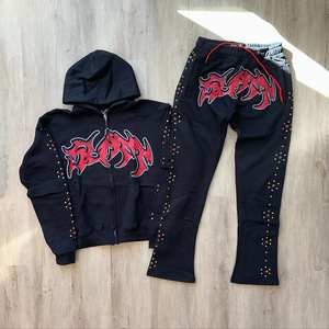 2025 tendencia personalizada fabricante OEM doble cintura holgada pantalones apilados chándal Rhinestone Flare pantalones de chándal y conjuntos de Sudadera con capucha - Product Image 1