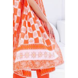 Traje de chifón estampado sin costuras de 3 piezas color naranja para mujer con bordado para uso diario - Product Image 1