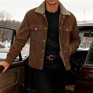<b>Mens</b> <b>Corduroy</b> Trucker Jacket Winter Sherpa Lined Warm Thick Cargo Style Coat with Five Functional Pockets for Casual Outdoor - Product Image 3
