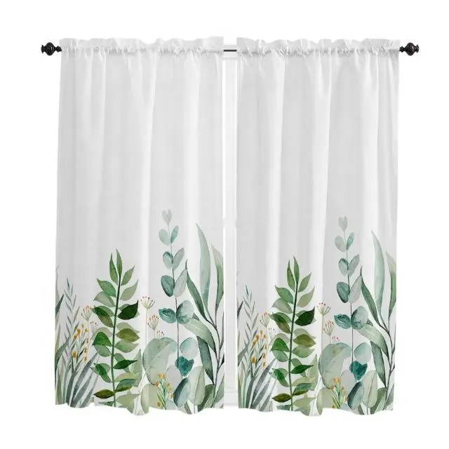 Style nordique feuilles vertes herbe imprimé coton lin dentelle ourlet demi Tulle rideau armoire à vin porte cuisine fenêtre petit rideau