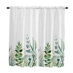 Nordic Style Green Leaves Grass Printed Cotton Linen Lace Hem Half Tulle Curtain Wine Cabinet Door Kitchen Window Small Curtain