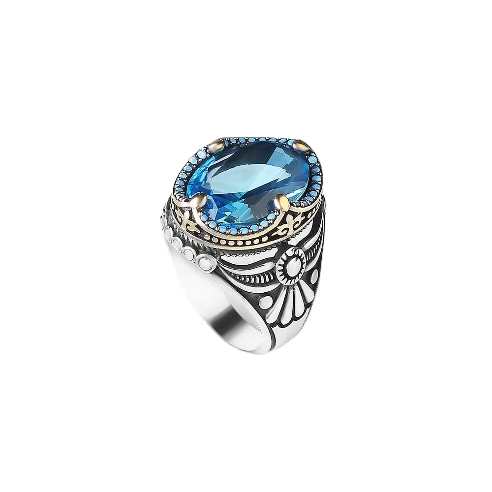Motivo tradizionale Aqua pietra di zircone marino anello da uomo turco in argento 925 turco all'ingrosso gioielli in argento Turkish anello fatto a mano