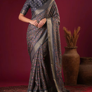 ส่าหรีผ้าไหมโคธาแท้พิมพ์ผ้าบาติกงานฝีมือแบบดั้งเดิมที่อุดมไปด้วยผ้าไหมเรียบงานศิลปะแบบดั้งเดิม - Product Image 1