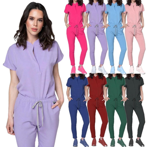 Structuré frotte des ensembles d'uniformes avec le style court moderne de douille et le collier de support ferme pour le personnel médical - Product Image 1