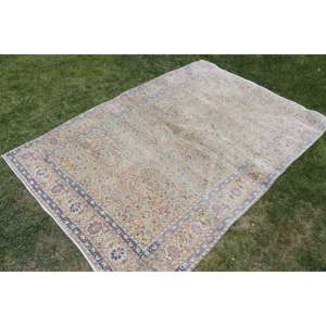 Alfombra Vintage de 4.6x6.8 pies, Alfombra Turca con Borde Azul de Lana - Product Image 1
