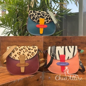 Bolso de hombro de cuero reciclado con estampado de animales, bolso Interior de cuero de colores con doble solapa, bolsos cruzados elegantes convertibles para mujer - Product Image 1