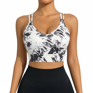 เสื้อชั้นในกีฬาพิมพ์ลายทันสมัย สายคู่ คอวี เสื้อโยคะลายมัดย้อมสวยงาม เสื้อชั้นในออกกำลังกายสำหรับยิม ชุดออกกำลังกายที่ยั่งยืน - Product Image 1