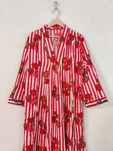Red <b>Strawberry</b> Fruit <b>Print</b> Cotton V-neck Long Sleeve Floor-Length Casual Lightweight Breathable Summer Elegant Comfortable <b>Dress</b> - Product Image 5