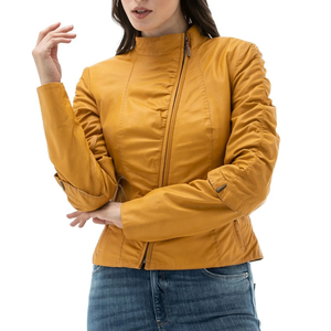 Women's Stylish Yellow Vintage Zipper Design Leather <b>Jacket</b> Custom Plus Size Cotton Breathable Fashionable OEM PU Leather for - Product Image 2
