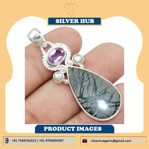 925 Sterling Silver Ethnic Handmade Pendant with Piccaso Jasper Natural Abstract Patterns Earthy Tones Unisex Women's Jewelry - Product Image 4