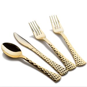 Ensemble de couverts de restaurant en acier inoxydable martelé plaqué or, 4 pièces, cuillère, fourchette, couteau, vaisselle de mariage, service de traiteur - Product Image 1