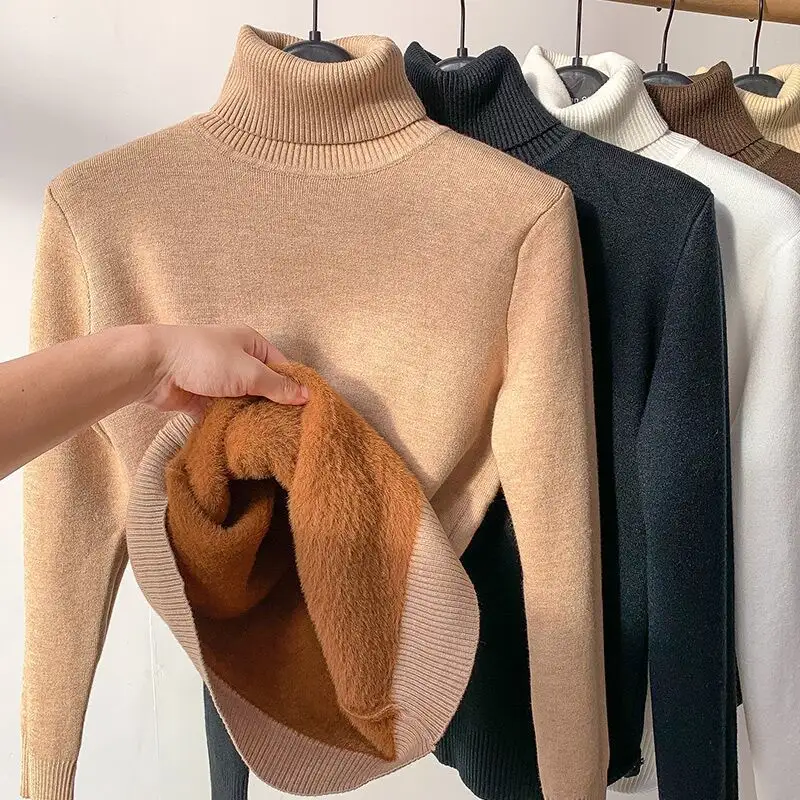 2023 Winter Warm Fleece Lined Korean Fashion Velvet Basic Fit Slim Knit Pullover Turtleneck Sweater Women
