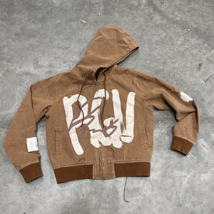 Pull-over vierge de haute qualité en éponge française en détresse avec logo personnalisé, sweat à capuche zippé vintage lavé à l'acide pour hommes - Product Image 2