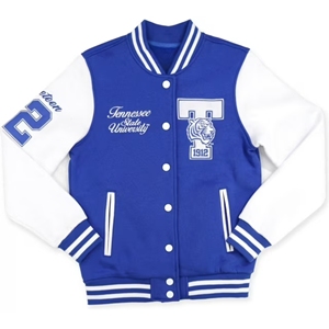 Chaqueta universitaria TSU para State University azul blanco doble botonadura lavada invierno Letterman chaqueta 1912 Tiger Patch - Product Image 1