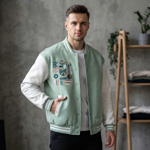 Chaqueta de Hombre Verde Menta con Mangas de Cuero, Mezcla de Lana, Botones a Presión, Cuello Acanalado, Bordada, Casual, Personalizada - Product Image 3