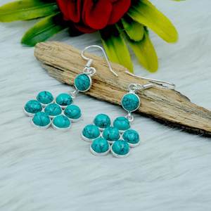 Pendientes de cristal floral de Plata de Ley 925 con piedras preciosas turquesas genuinas, joyería de boda hecha a mano, regalo perfecto para niñas - Product Image 1