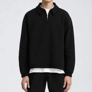 Sweat-shirt à fermeture éclair quart de tour en molleton français lourd de style actuel pour hommes Noir Streetwear 100% coton Doublure d'hiver Motif uni - Product Image 1