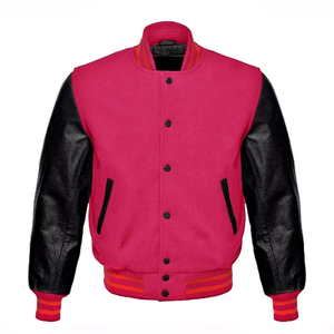 Veste universitaire pour homme personnalisée, style streetwear, rose vif, laine, manches en cuir noir, patchwork sur le devant, pour les joueurs de baseball universitaires, enfants - Product Image 1