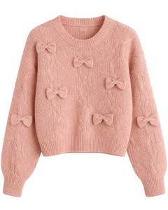 Manufacture Customized Women Blush Pink Cable Knit Cropped Sweater With Bow Applique <b>Long</b> Sleeve Round Neck Cute Winter Fashion - Product Image 1