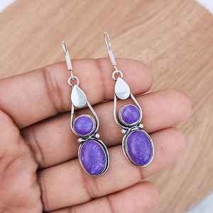 Pendientes Colgantes de Charoita con Plata de Ley y Múltiples Piedras, Hechos a Mano, de Lujo, Estilo Boho, para Boda, Regalo para Mujer - Product Image 3