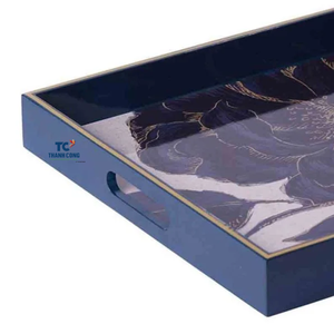 Elegante bandeja de servicio de laca MDF azul marino con ribete dorado y acabado brillante para una decoración de lujo para el hogar - Product Image 2