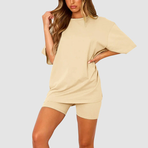 ฤดูร้อนสีทึบเสื้อยืดและกางเกงขาสั้นสุภาพสตรีที่กําหนดเอง Biker ชุดเสื้อผ้าผู้หญิงเสื้อยืดกีฬา 2 ชิ้นผู้หญิงกางเกงขาสั้นชุด - Product Image 2