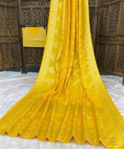 Sari en soie FANCY DOLA avec bordure tissée MEENAKARI, blouse non cousue, tenue de fête festive, multicolore, vêtement ethnique, citron - Product Image 2