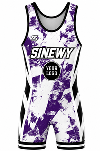 SINGLET DE LUCHA SINEWY para Hombre, Sublimado Personalizado, Estampado Morado y Blanco, Ajustado, Transpirable y Elástico - Product Image 3