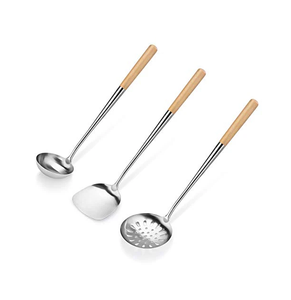 Cuillère en acier miroir écologique 4 pièces louche écumoire tourneur spatule cuillère à riz ustensile manche en bois prix bon marché - Product Image 6