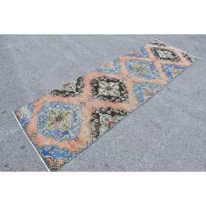 พรมตุรกีสีส้มน้ำเงิน9.4ft วินเทจ3ชิ้นแบบคลาสสิกหญ้าทะเลขนสัตว์สำหรับห้องโถงห้องยางรูปสี่เหลี่ยมผืนผ้า - Product Image 3