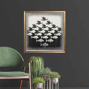 Toile murale imprimée style Escher avec poissons et oiseaux, décoration abstraite moderne, encadrée en or - Product Image 1