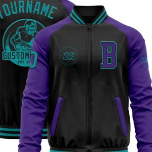 OEM fabricación personalizada Todo Negro verde azulado-púrpura bombardero Varsity Letterman dos tonos cremallera chaqueta - Product Image 5