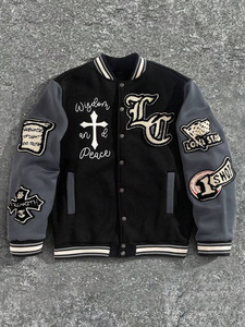 เสื้อแจ็กเก็ตเบสบอลแบบวิทยาลัยของผู้ชายเสื้อนอกด้านหน้ามีฮู้ดแขนสีเทาผ้าคอตตอน100% สองโทนสำหรับฤดูหนาว - Product Image 6