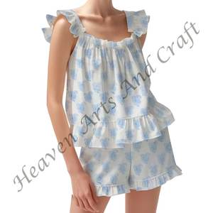 Conjunto de pijama corto de mano de algodón con estampado Floral para mujer, Conjunto de pijama ajustado con tiras y volantes, mangas - Product Image 5