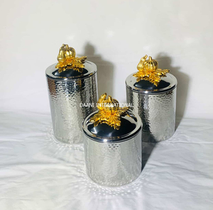 ชุดกระป๋องเก็บชาและน้ำตาลสแตนเลสขัดเงา ฝาปิดลายดอกไม้สีทองรูปฟักทอง กระป๋องเก็บของหรูหราสำหรับวางบนเคาน์เตอร์ครัว - Product Image 3