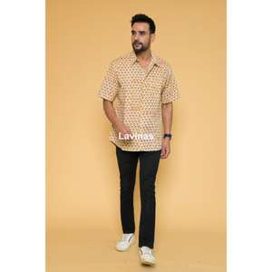<b>Yellow</b> Floral Block Printed Men's Half-<b>Sleeve</b> <b>Shirt</b> Summer Beach Vibe Casual Top 100% Cotton - Product Image 3