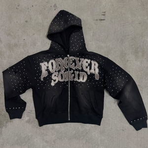 Yingling Personnalisé Applique Broderie En Détresse À Capuche Strass Zip up Hoodies Lavé À L'acide Vintage Lavage Hommes Streetwear À Capuche - Product Image 6